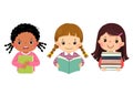 Set of vector illustration cartoon of little girls with books. Book lover concept