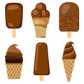 Set of vector illustration of chocolate ice cream. Chocolate ice cream on a wooden stick Royalty Free Stock Photo