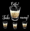 Set of vector illustration of cup of coffee. Glasses for alcohol and water. Engraving style. Royalty Free Stock Photo