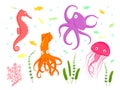 Set of vector illustration flat caroon seahorse, octopus, squid, jellyfish