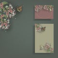 Set vector illustration of hand painted flowers Rangoon creeper, colorful and butterfly background