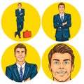 Set of vector illustration, mens pop art round avatars icons