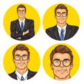 Set of vector illustration, mens pop art round avatars icons