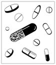 Set of vector illustration with outlines of different tablets, capsules and pills. For web, logo, app, UI. Isolated