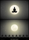 Set of vector illustration with silhouettes of people doing yoga on moonlit night Royalty Free Stock Photo