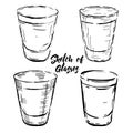 Set of vector illustration of stemware. Glasses for alcohol and water. Engraving style Royalty Free Stock Photo