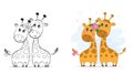 Set vector illustration of two cute loving giraffes. Isolated objects on white background.Children`s coloring book