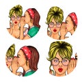 Set of vector illustration, womens pop art round avatars icons