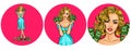 Set of vector illustration, womens pop art round avatars icons