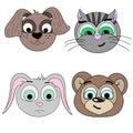 Set of vector illustrations of animal heads. Dog, cat, hare, bear. Royalty Free Stock Photo