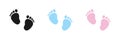 Set of vector illustrations of baby steps - pairs of black, pink and blue footprints in a flat styl Royalty Free Stock Photo