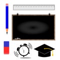 Set of vector illustrations back to school. There is a blackboard with chalk, pencil, ruler, eraser, etc