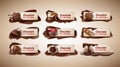 Set of vector illustrations, banners with chocolate sweets, chocolate bar, cocoa beans and melted chocolate