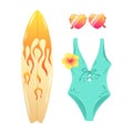 Set of vector illustrations of beach accessories. Surfboard, swimsuit, sunglasses