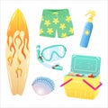 Set of vector illustrations of beach summer accessories. Surfboard, swim mask, swim trunks, cooler, sunscreen, seashell