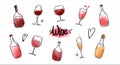 A set of vector illustrations with bottles and glasses of red and white wine, watercolor splashes of wine. Royalty Free Stock Photo