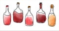 A set of vector illustrations with bottles of red and white wine, watercolor splashes of wine. Royalty Free Stock Photo