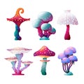 Set of Colorful Fantasy Magic Mushrooms Vector Design. Fungus and Unrealistic Uneartly Botany with Luminous Caps. For Royalty Free Stock Photo