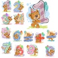 A set of vector illustrations with a brown teddy bear and numerals and mathematical symbols.