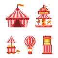 Set of vector illustrations of carnival circus icons with tent, carousels, flags isolated on white background.Print Royalty Free Stock Photo