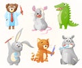 Set of vector illustrations of cartoon animals with toothbrushes and toothpaste, dentist and dental health care