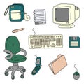 A set of vector illustrations in cartoon style. Workplace, home office. Retro items