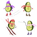 Set of vector illustrations character avocado girl and winter active games. Ice skating, skiing, snowball fights