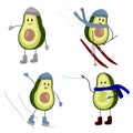 Set of vector illustrations character avocado guy and winter active games. Ice skating, skiing, snowball fights