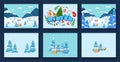 Set of vector illustrations for Christmas and New Year cards of a winter landscape with mountains, snow-covered trees Royalty Free Stock Photo