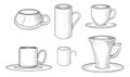 Set of vector illustrations of coffee cups of 6 pieces in pencil style