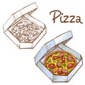 Set of vector illustrations of color and black and white whole pizza in a take-away box.