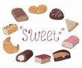 Set of vector illustrations of confectionery: pieces of sweet cakes, cookies, croissant, pastries. Hand drawing