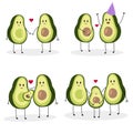 A set of vector illustrations with cute avocados in the process of creating a family