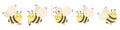 Set of vector illustrations. Cute cheerful bees. Lovers carrying honey, flying wasps.