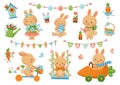 Set of vector illustrations of cute Easter bunnies. Adorable Easter bunnies with festive decor