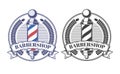 Set of vector illustrations of emblems, stickers, labels of barbershop salons. Royalty Free Stock Photo