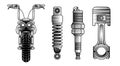 Set of vector illustrations of essential motorcycle elements in vintage woodcut engraving style classic chopper handlebar and Royalty Free Stock Photo