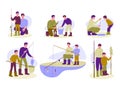 Set of vector illustrations of family fishing. Father and son are fishing. Flat cartoon style. Isolated on a white