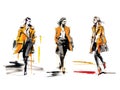 Set of vector illustrations: fashionably dressed women are walking. Fashion sketch made with watercolors and markers