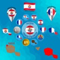 Set of vector illustrations of flag, contour map, money, icons of French Polynesia. French Polynesia is an overseas community and