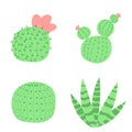 Set of vector illustrations with flat cactus bright colors. Cacti with flowers. Lovely houseplants