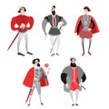 Set of vector illustrations of funny cartoon princes in historical costumes. Fairy tale characters