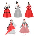 Set of vector illustrations of funny cartoon princesses in historical costumes. Fairy tale characters