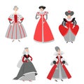 Set of vector illustrations of funny cartoon queens in historical costumes. Fairy tale characters