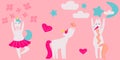 Set of vector illustrations of funny and cute unicorns.