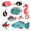 Set of vector illustrations of funny tropical fish. Sea life.