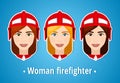 Set of vector illustrations of a girl firefighter. Woman firefighter. Icon. Flat icon. Minimalism. The stylized girl. Occupation.