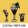 Black and white cocktails with bubbles, umbrella, berry, lemon and orange slice. Icon. Phrase Cocktail party bar. Royalty Free Stock Photo