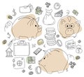 Set of Vector illustrations in hand doodle style. Cute pig piggy bank and money, cash and coins, safe and bank, charts Royalty Free Stock Photo