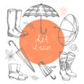 Set of vector illustrations of hand-drawn umbrellas, rubber boots and autumn leaves.